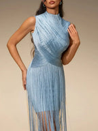 Zavelyn Blue Sleeveless Fringe Bandage Dress