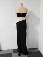 Black High Slit Tassels 3d Flowers Strapless Maxi Set Flowering Girl