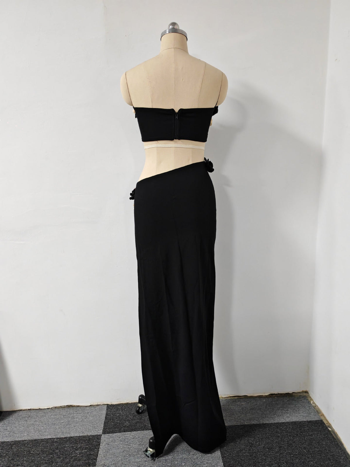 Black High Slit Tassels 3d Flowers Strapless Maxi Set Flowering Girl