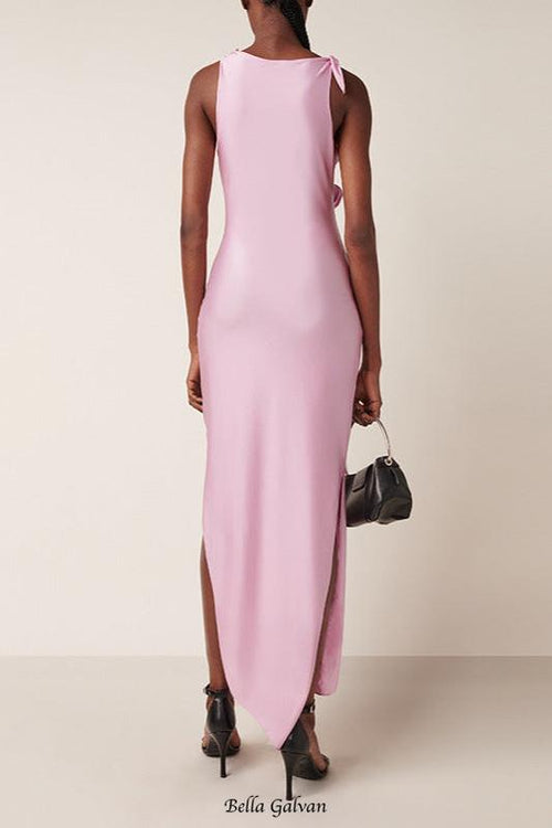 3d flower asymmetric satin slit gown in pink Flowering Girl
