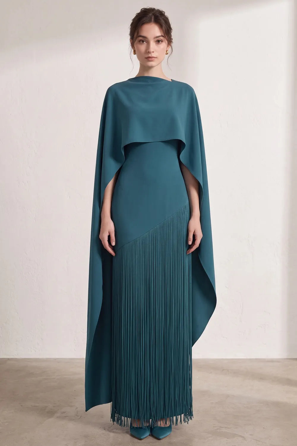 Teal Matte Crepe Column Evening Gown with Asymmetrical Cape Overlay Flowering Girl