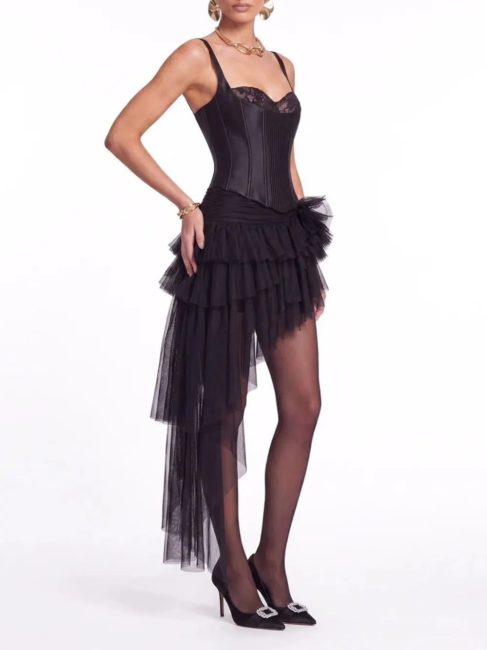 Tyveron Asymmetric Flower Skirt Set In Black Flowering Girl