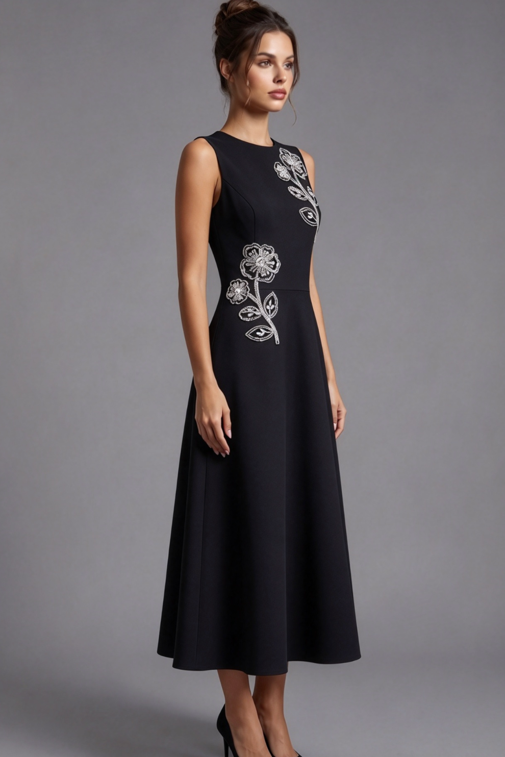 Black Structured Mid-Weight Woven A-Line Fit-and-Flare Midi Dress Flowering Girl
