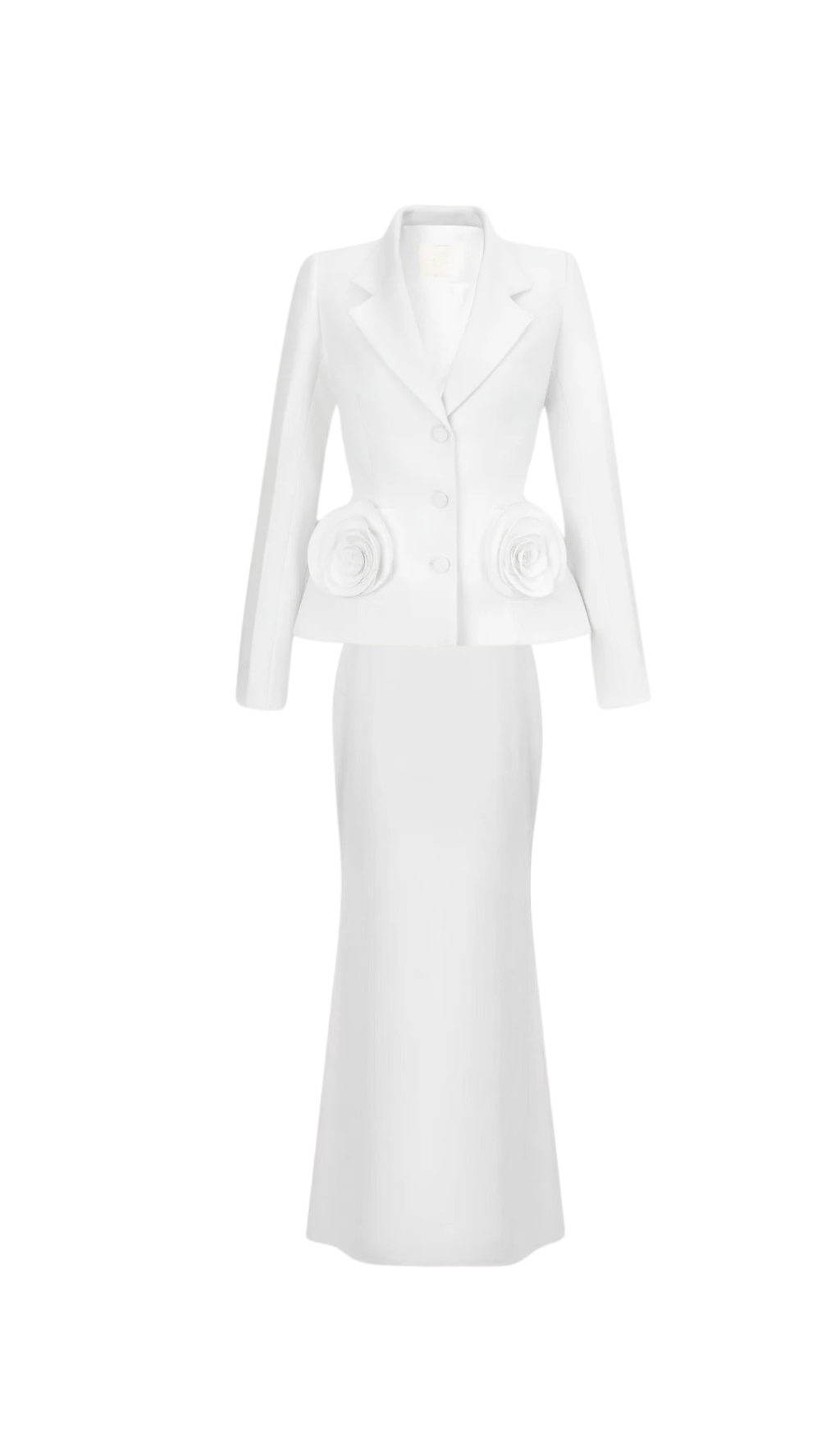 Flower Embellished Jacket Skirt Set In White Flowering Girl