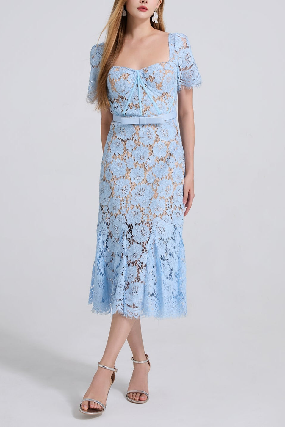 SQUARE NECK LACE MIDI DRESS IN BLUE Flowering Girl