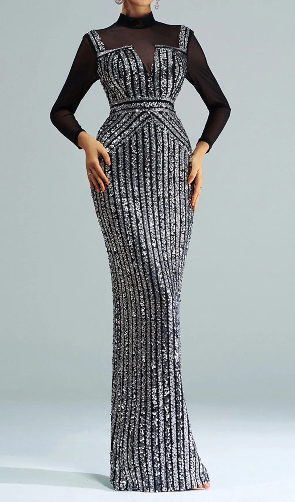 Cosmas Black Long Sleeve Mesh Sequin Maxi Dress Flowering Girl