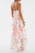 Floral Print Layerhalter Maxi Dress - Pink Floral Flowering Girl