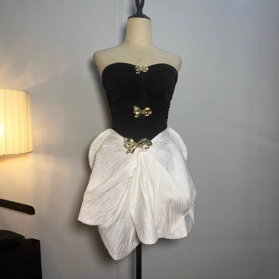 two-tone bow strapless ruched mini dress Flowering Girl