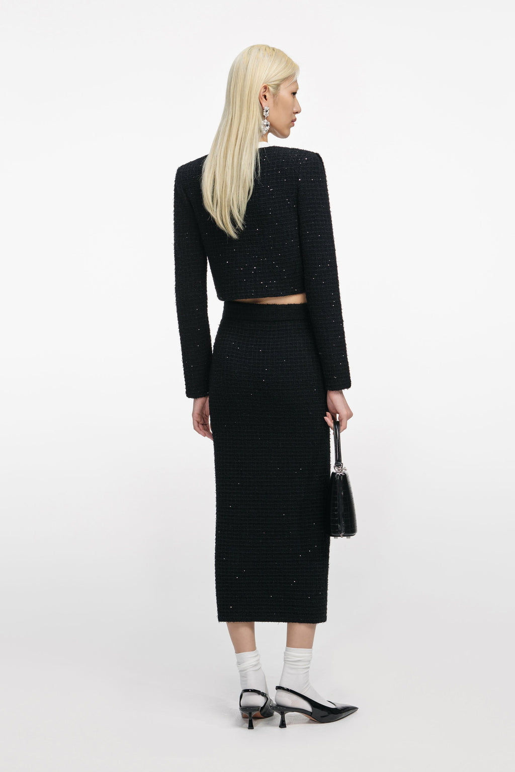 Black Textured Knit Midi Skirt Flowering Girl