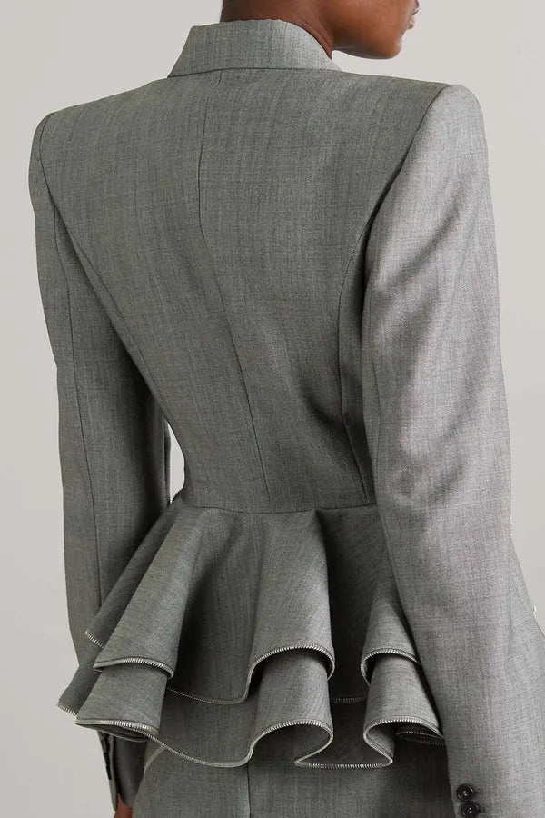 Pamely Peplum Ruffle Blazer - Grey Flowering Girl