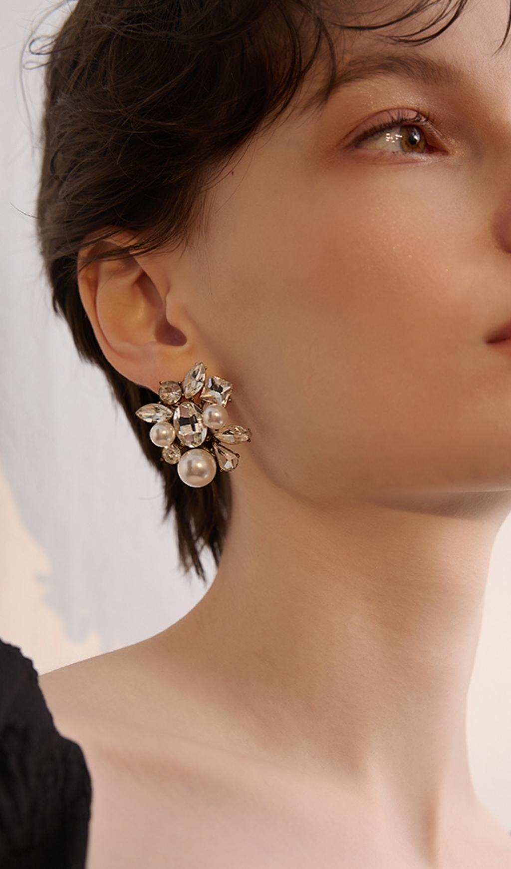 Almudena Silver Vintage Pearl Rhinestone Earrings Flowering Girl