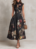 Black Keyhole Collar Floral Pleated Satin Midi Dress Flowering Girl