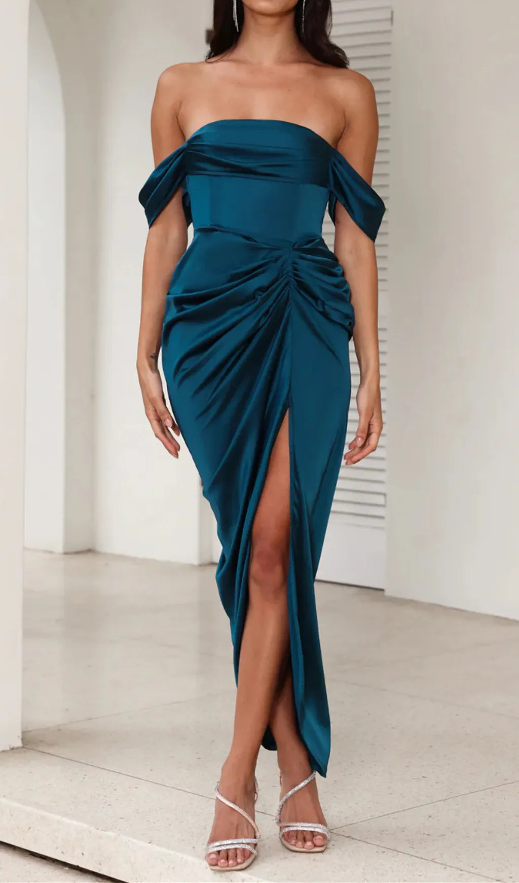 Strapless Satin Midi Dress In Teal Flowering Girl