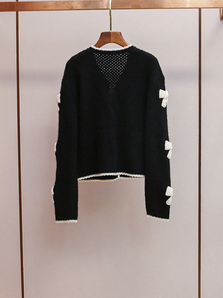 Black Medium-Weight Wool-Blend Knit Boxy, Straight Cardigan Flowering Girl