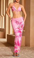 Grynn Floral Bikini Three Piece Set In Pink Flowering Girl