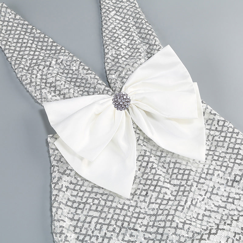 Rebecca Bow Sequin Embellished v Neck Maxi Dress In Silver Flowering Girl