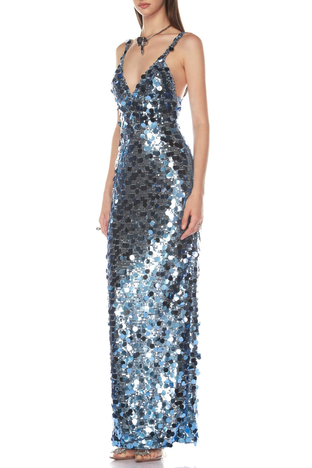 Roberta Deep V-Neck Sequin Column Gown In Blue Flowering Girl