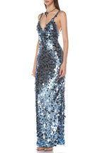 Roberta Deep V-Neck Sequin Column Gown In Blue Flowering Girl