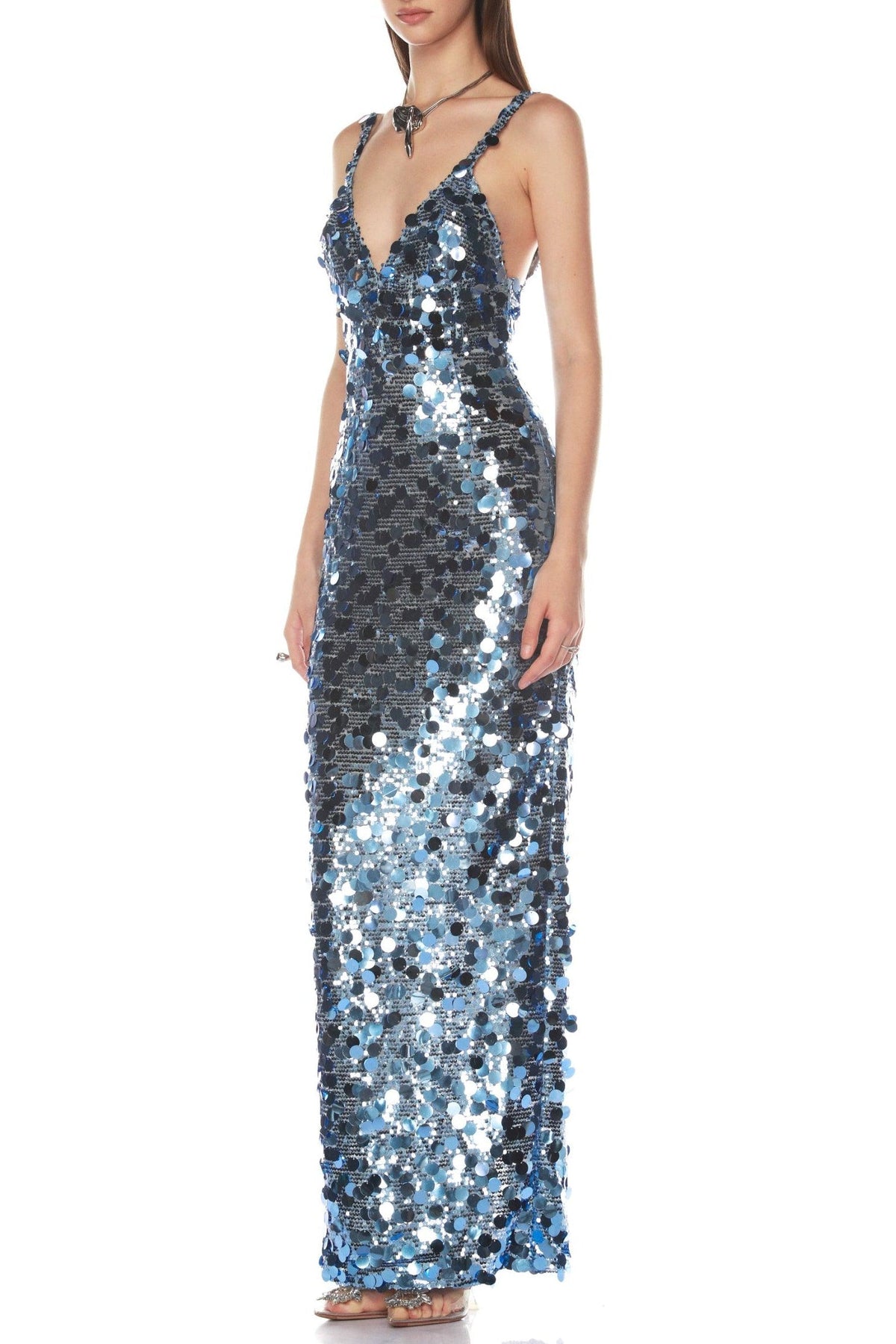 Roberta Deep V-Neck Sequin Column Gown In Blue Flowering Girl