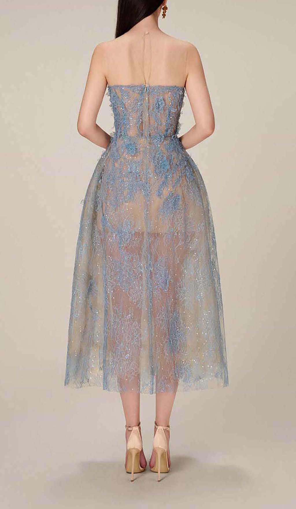 Allyson Blue Floral Lace Embroider Midi Dress Flowering Girl