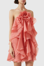 Lorraine Halter Floral Ruffle Layered Mini Dress In Orange Flowering Girl
