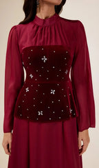 Caroline Rhinestone Velvet Splicing Maxi Dress - Burgundy Flowering Girl