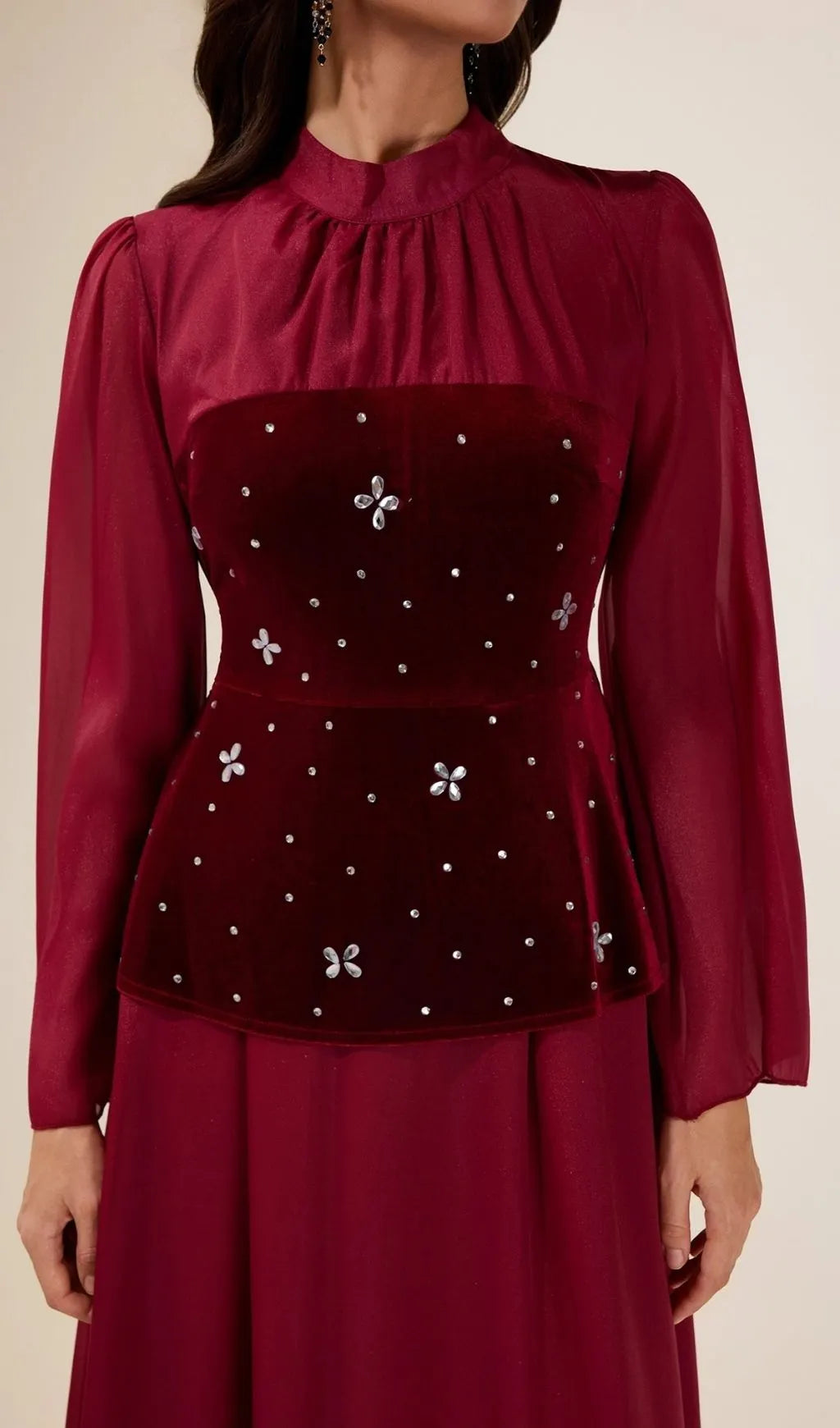 Caroline Rhinestone Velvet Splicing Maxi Dress - Burgundy Flowering Girl