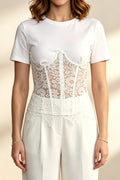 White Spliced Floral Lace Corset Short Sleeve T-shirt Flowering Girl