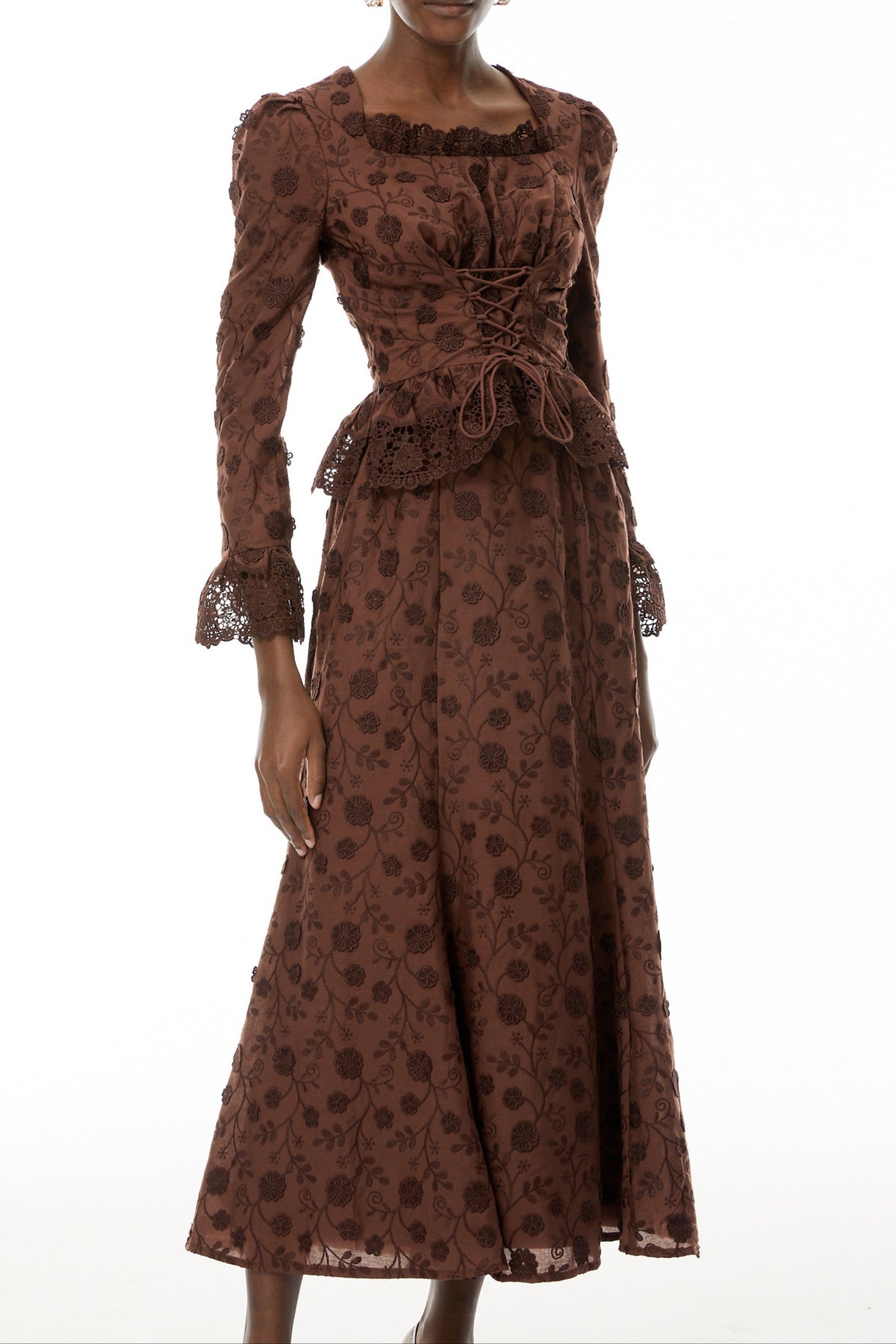 Fiorenza Brown Floral Lace Blouse & Skirt Set Flowering Girl
