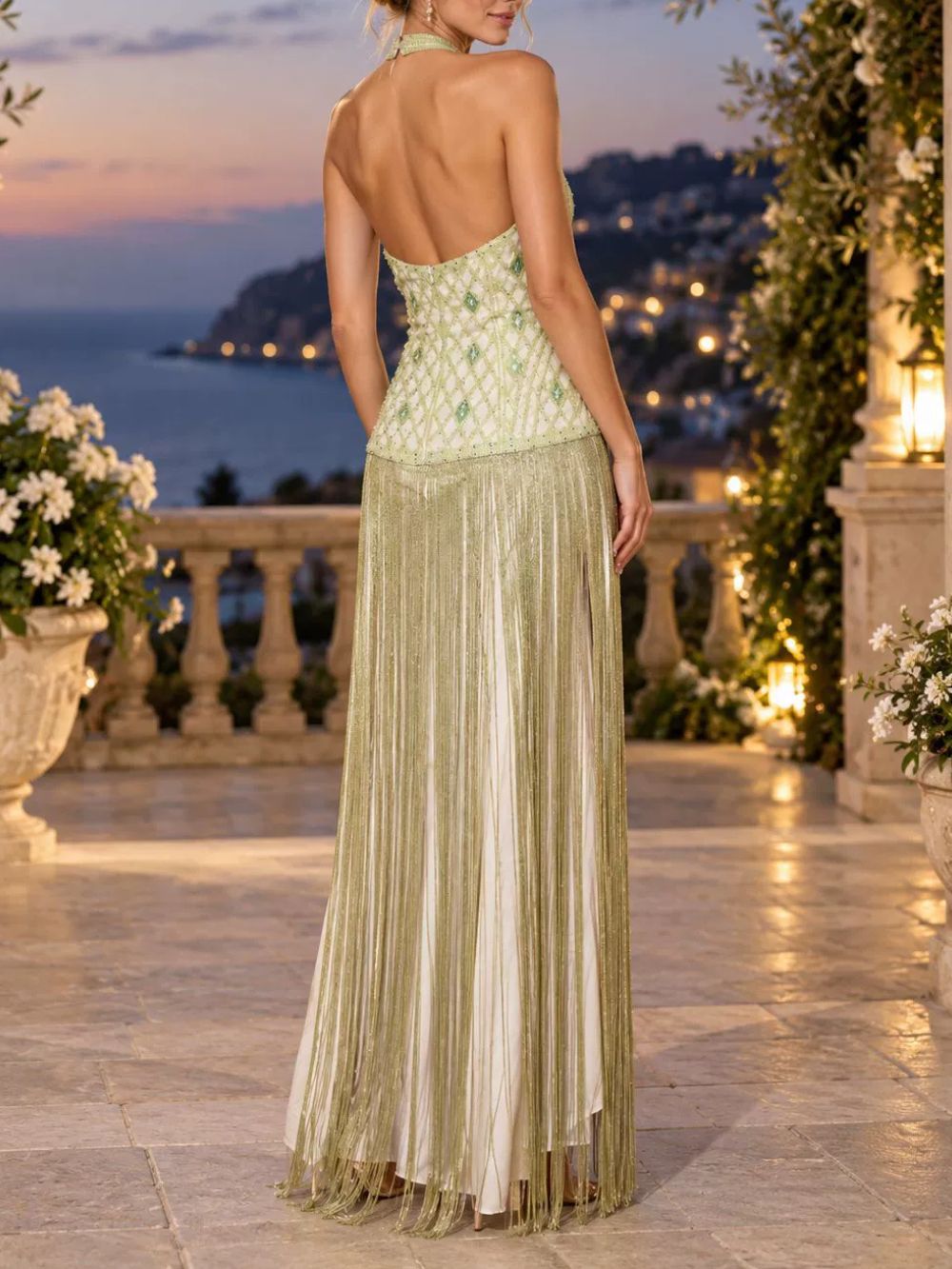 Morley Halter Beaded Fringe Maxi Dress Flowering Girl