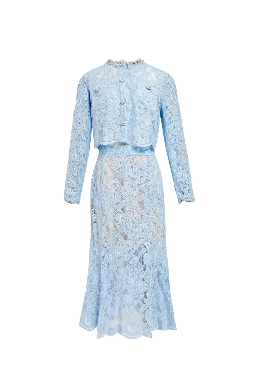 carol lace embellished top & midi skirt in blue Flowering Girl