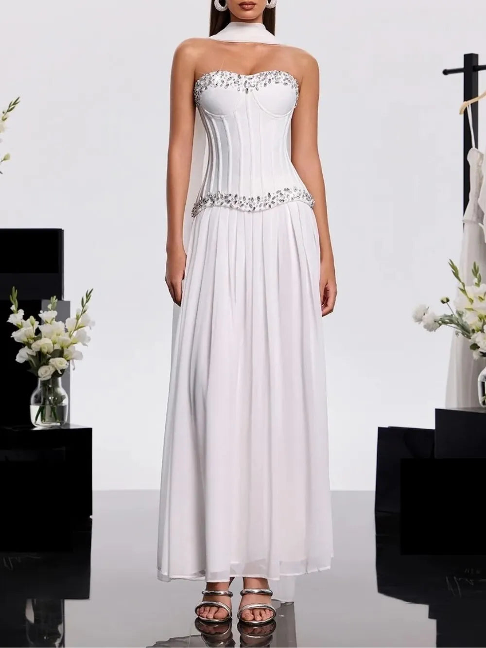 Zeldran Scarf Strapless Crystal Maxi Dress Flowering Girl