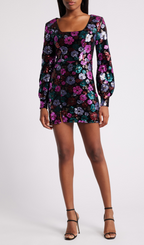 Beaded Long Sleeve Mini Dress In Black Multi Flowering Girl