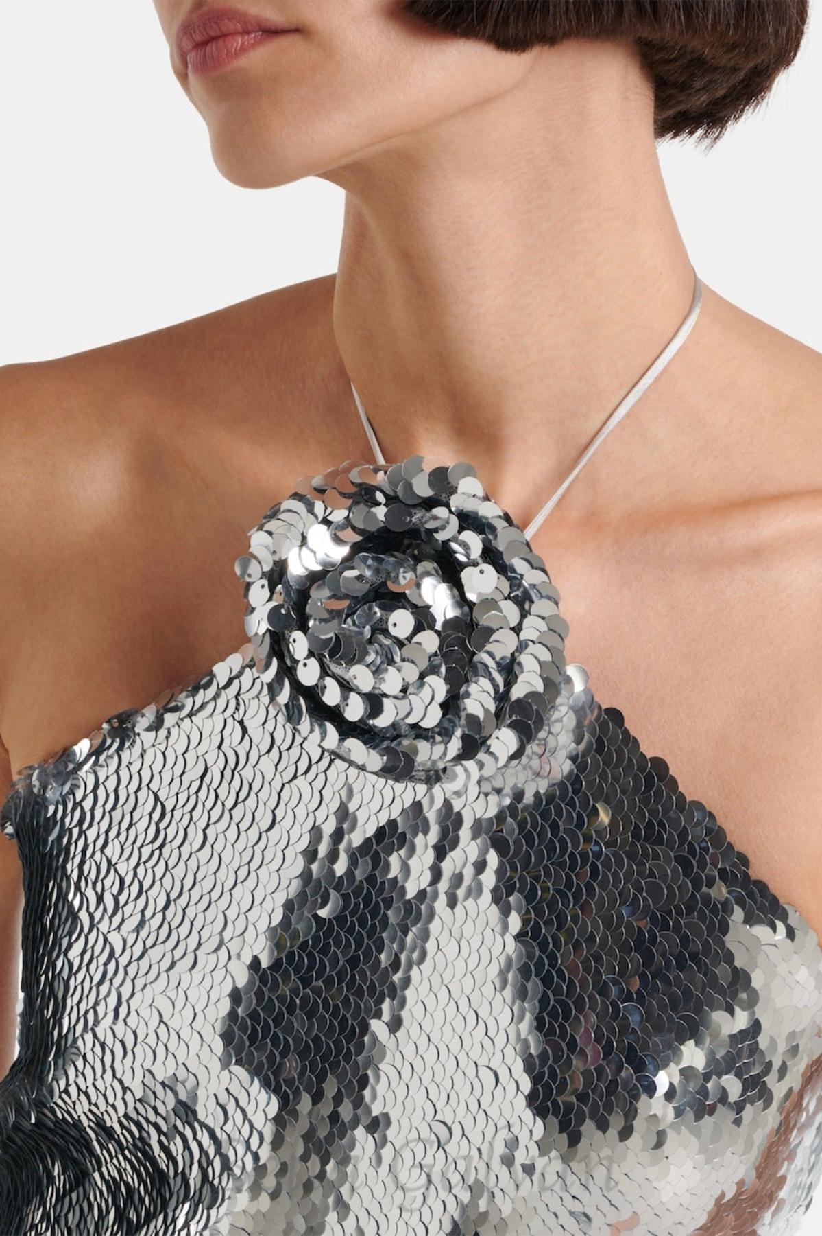 Cinwa Floral Appliqué Halter Sequin Mini Dress - Silver Flowering Girl