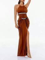 Haxorin Halterneck Sequin Ruched Maxi Dress Flowering Girl