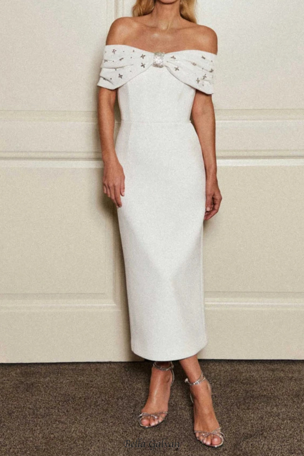 beulah Off-shoulder beaded diamond midi dress in white Flowering Girl