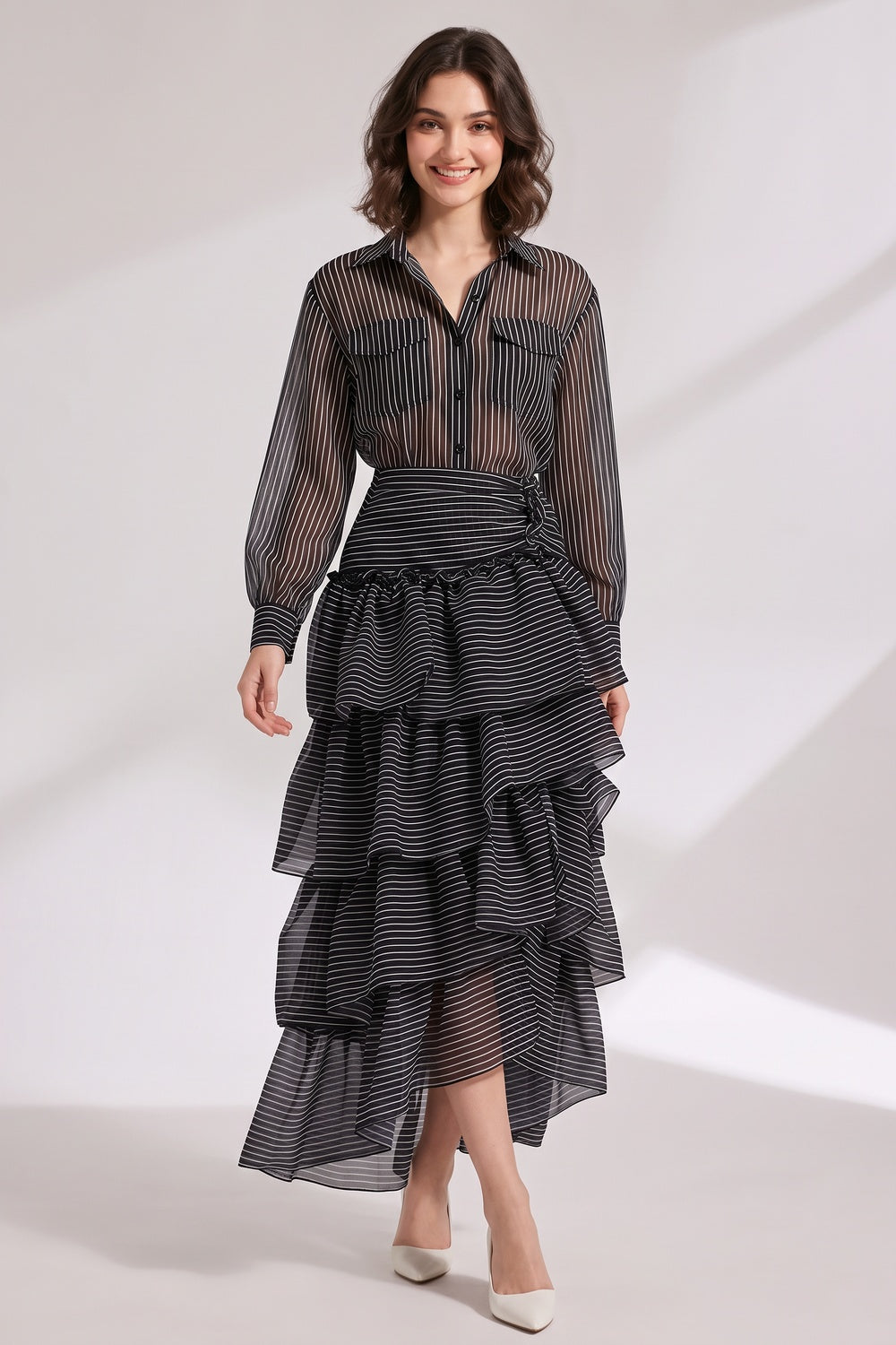 Black Sheer Organza Or Chiffon Fitted Shirt With High-Waisted Tiered Maxi Skirt Two-Piece Matching Set Flowering Girl