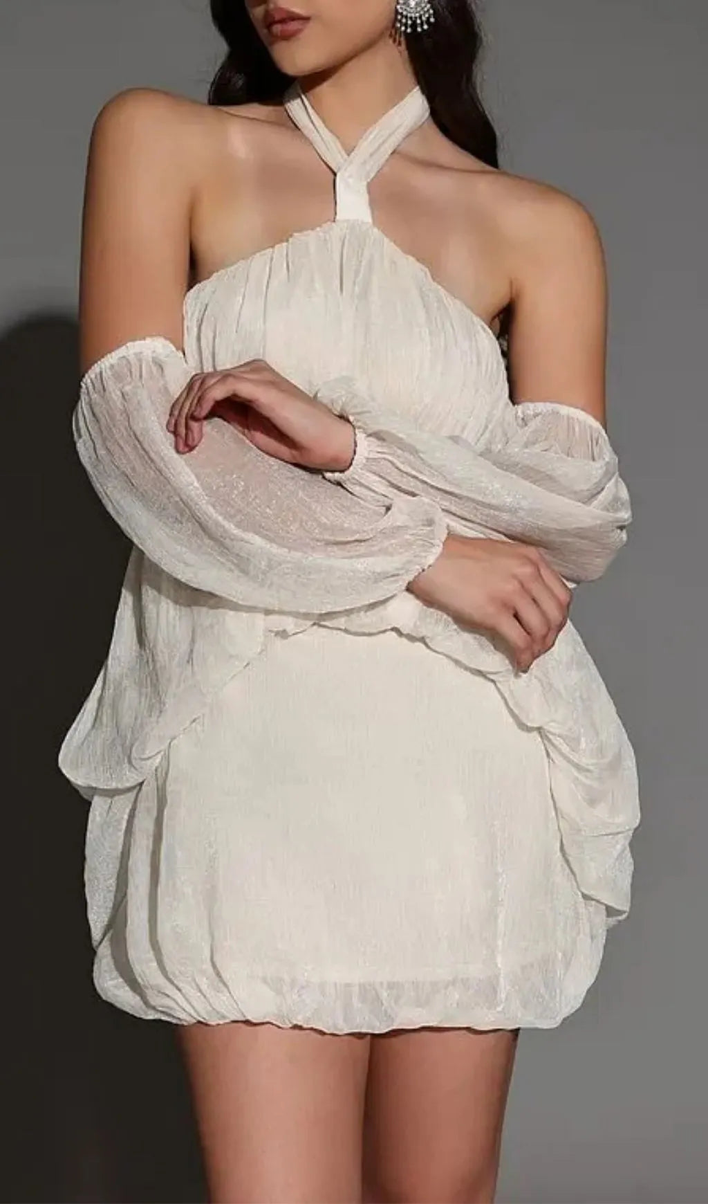 Vivien Halter Neck Fluffy Mini Backless Mini Dress In Apricot Flowering Girl