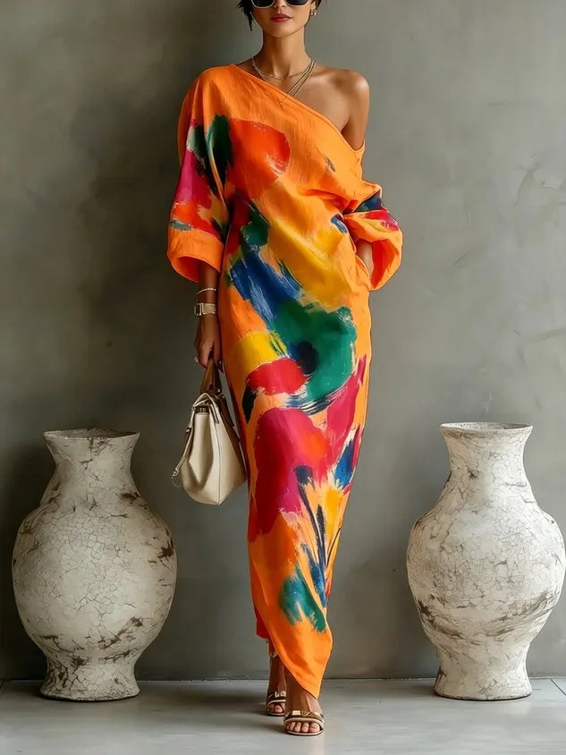 One-Shoulder Abstract Print Maxi Dress Flowering Girl