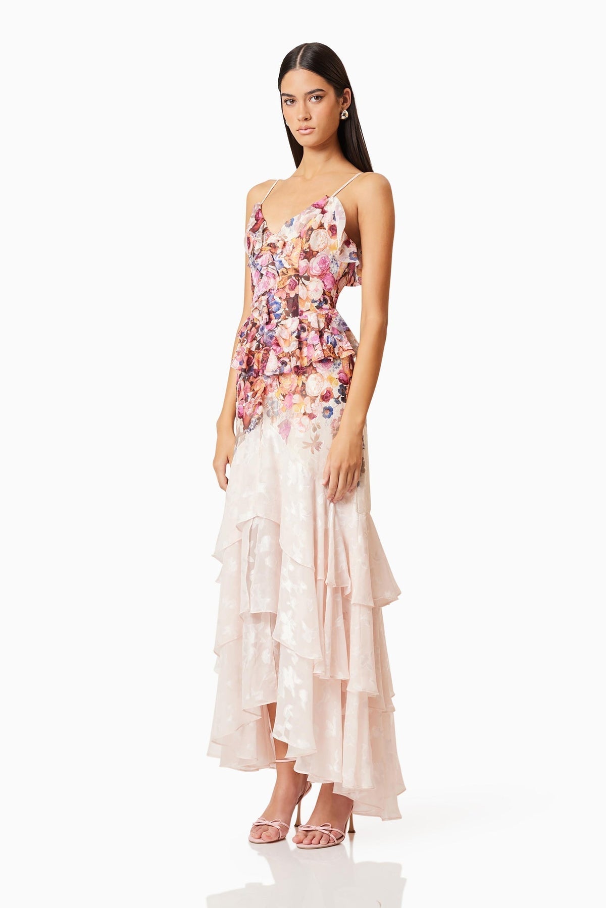Perla Irregular floral print maxi dress in pink red Flowering Girl