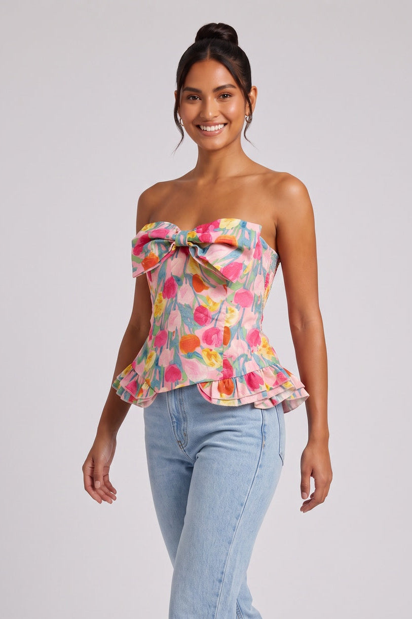 Pink Floral Strapless Corset Top with Peplum Flowering Girl