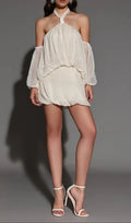Vivien Halter Neck Fluffy Mini Backless Mini Dress In Apricot Flowering Girl
