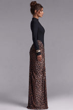 Black Matte Stretch Knit Maxi Dress with Leopard Print Draped Skirt Flowering Girl