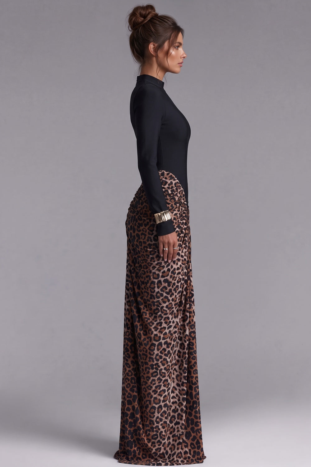 Black Matte Stretch Knit Maxi Dress with Leopard Print Draped Skirt Flowering Girl