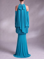 Myna Blue Halter Pleated Maxi Dress With Gloves