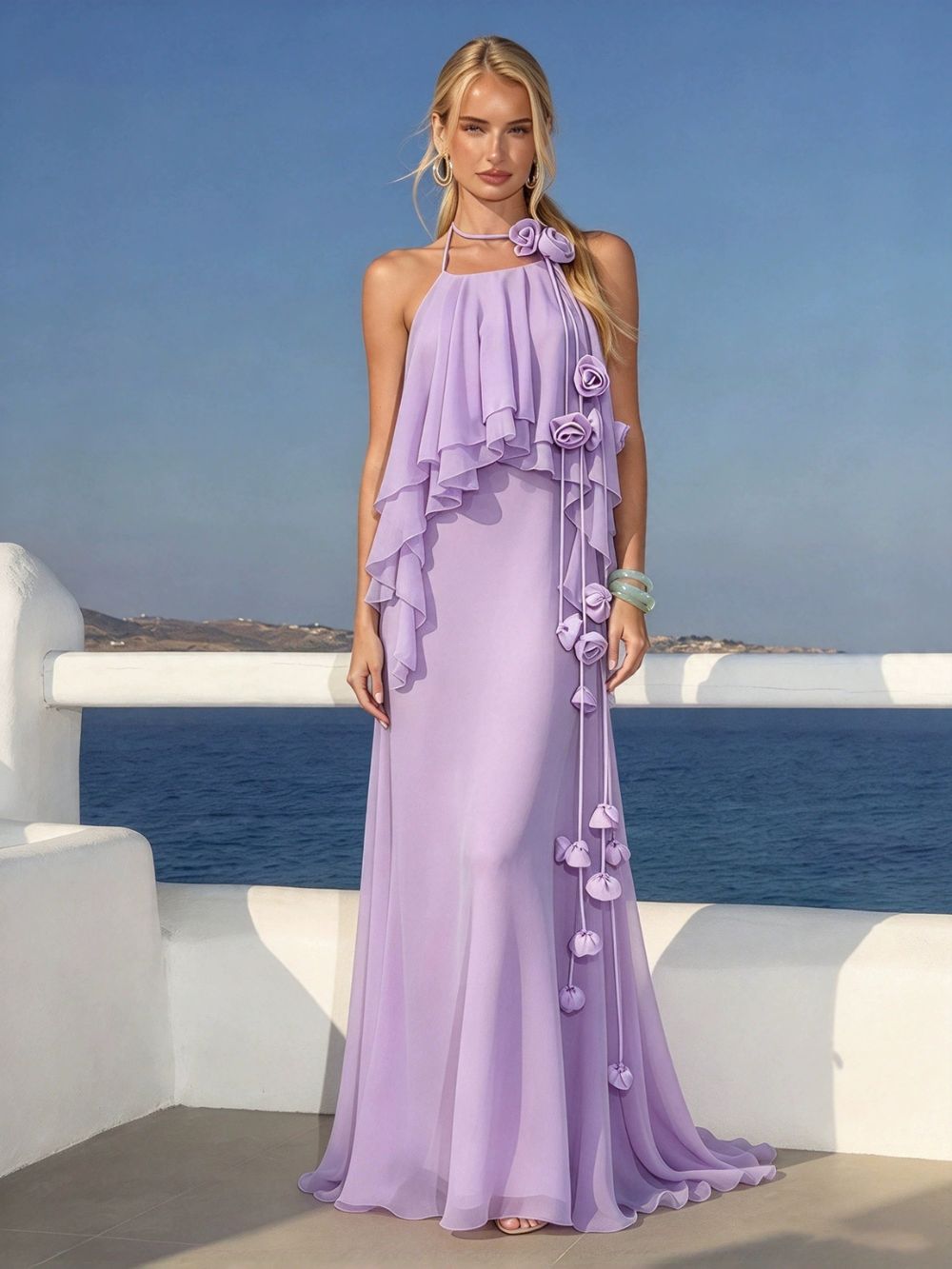 Myriam Purple Halter Flower Maxi Dress