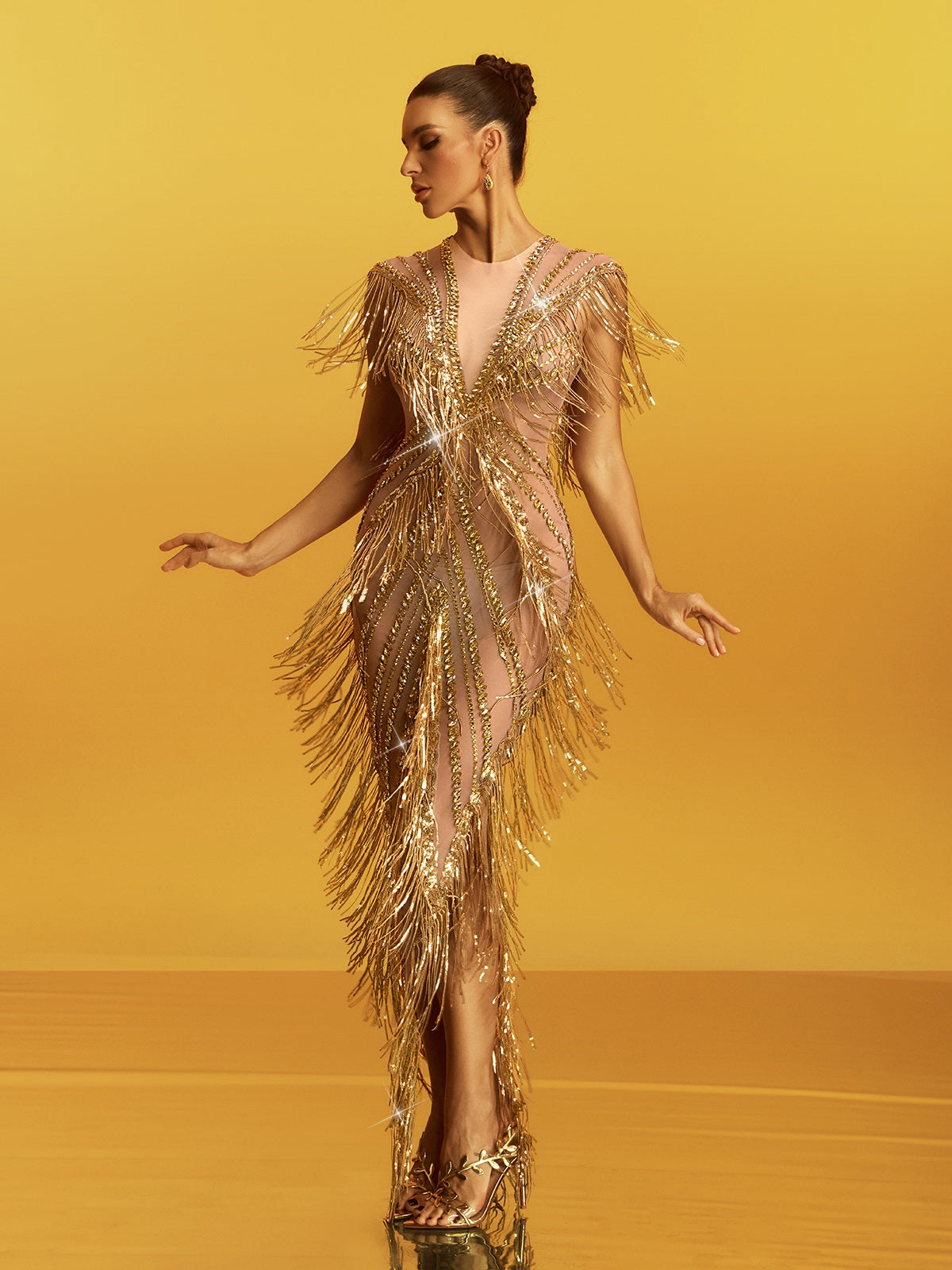 Roberta Fringe Sequin Crystal Maxi Dress In Gold Flowering Girl