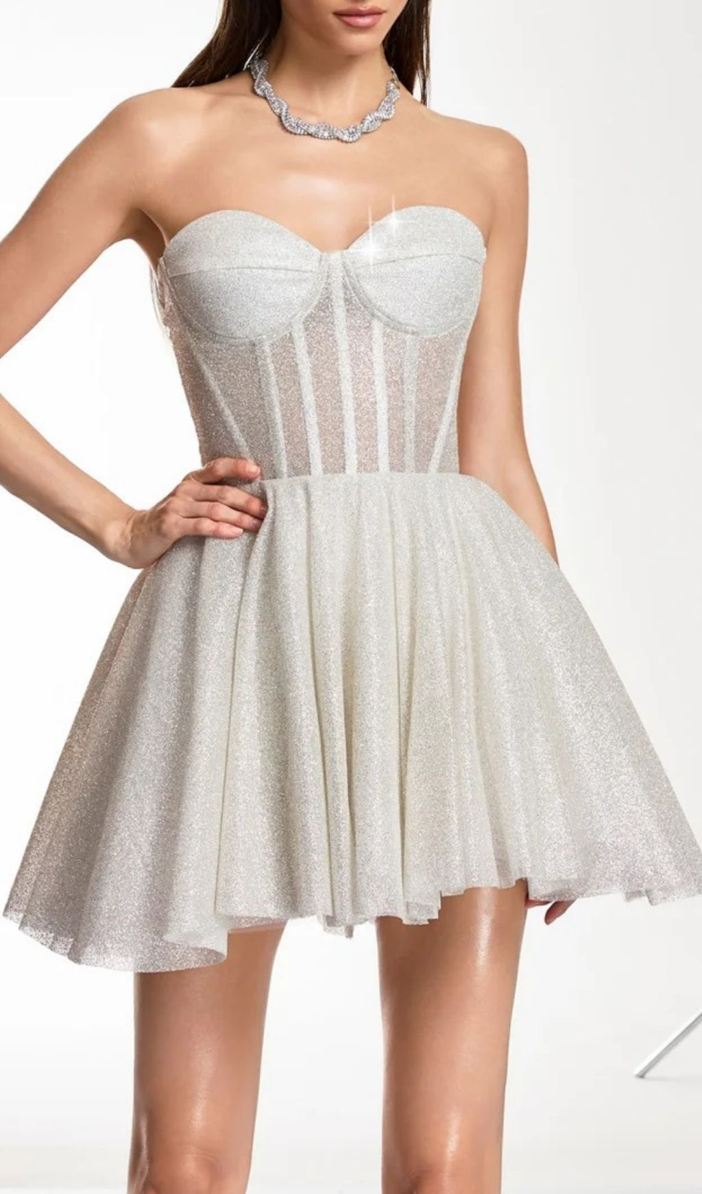 Darda Strapless Glitter Corset Mini Dress In White Flowering Girl
