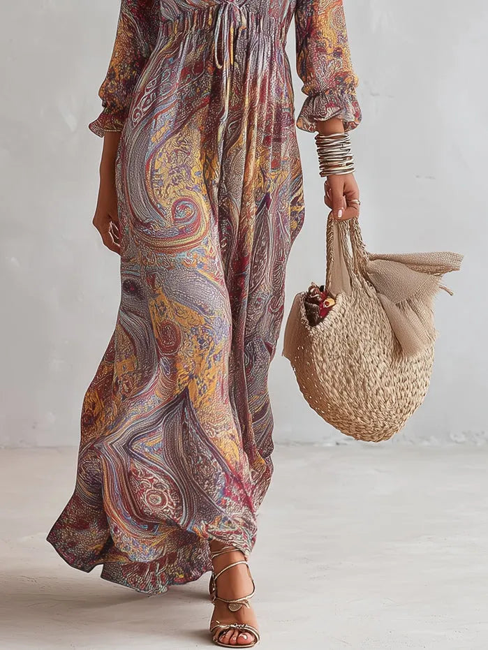 Paisley Print V-neck Gathered Chiffon Maxi Dress Flowering Girl