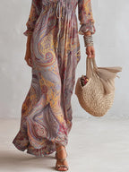 Paisley Print V-neck Gathered Chiffon Maxi Dress Flowering Girl